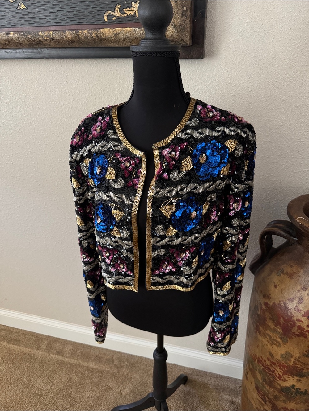 Morgan Taylor Black Cropped Sequin Blazer with Blue, Pink & Gold Embellishment